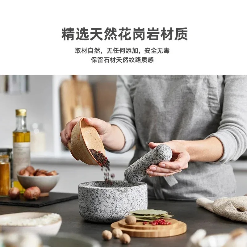 Mortar Pestle Granite - Schiacciaaglio con copertura in bambù, pestello